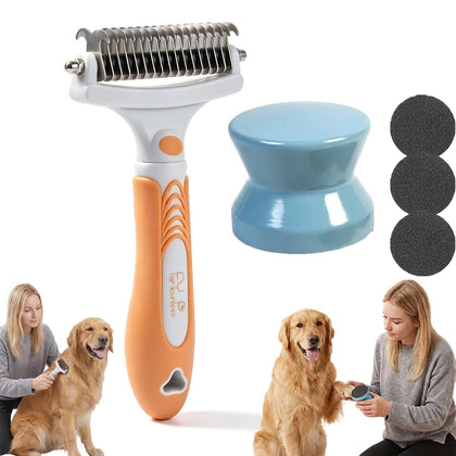 Double Sided Deshedding Brush With Dog Nail File, Pet Pro Grooming Tool, Undercoat Rake And Dematting Comb And Silent