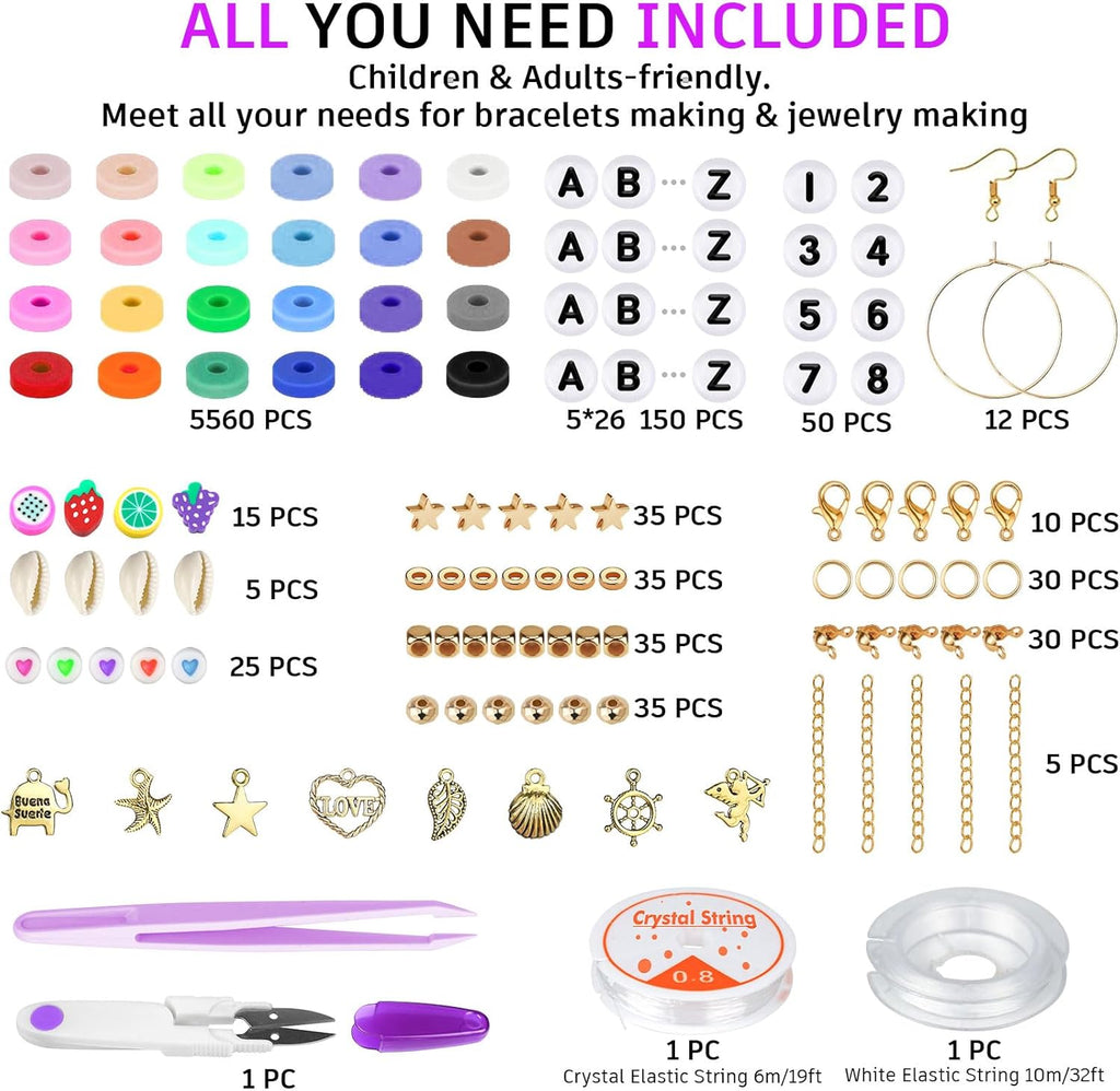 6000 Clay Beads Bracelet Making Kit, 24 Colors Flat Preppy Beads for Friendship Bracelets, Polymer Clay Bead with
