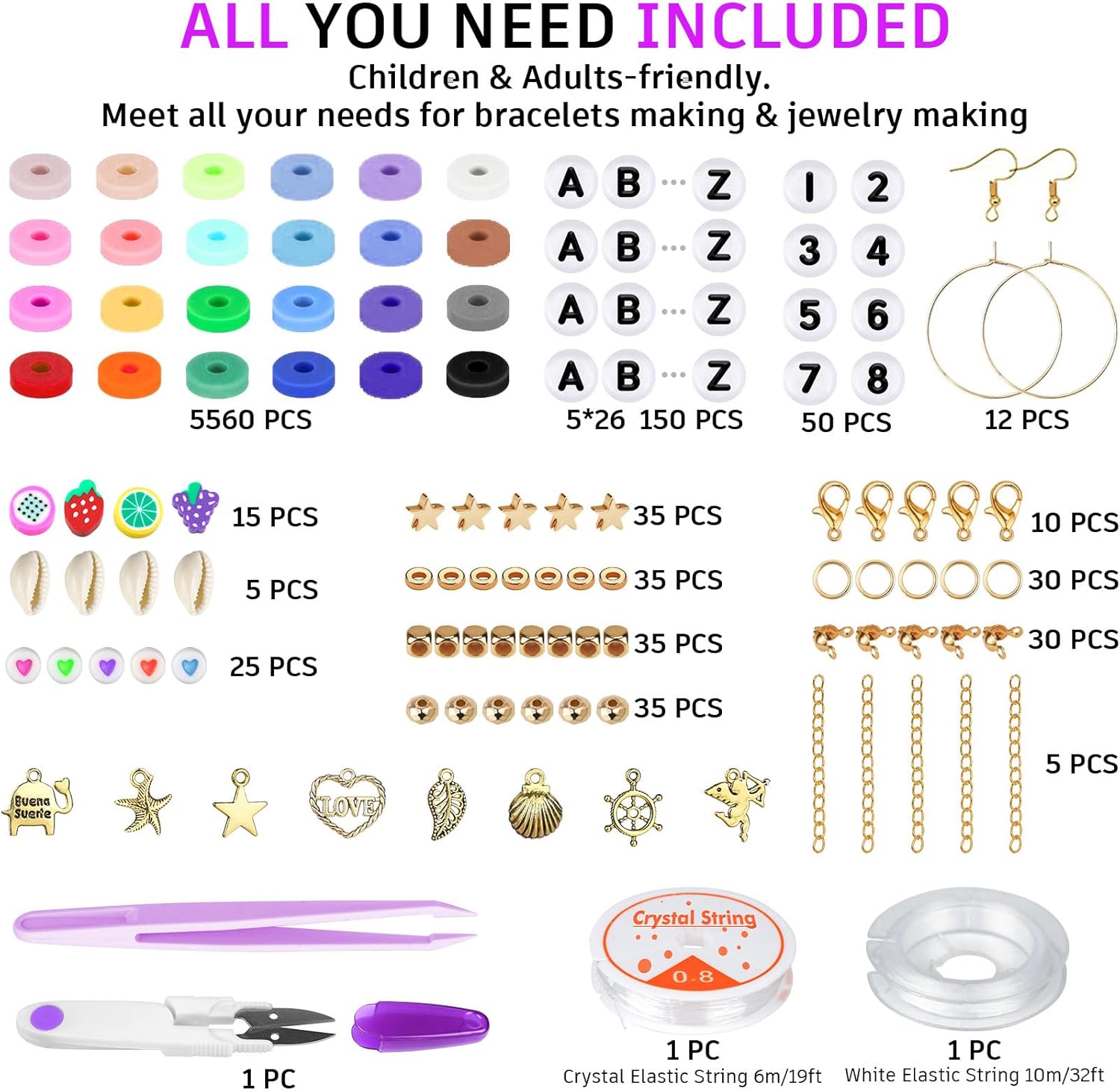 6000 Clay Beads Bracelet Making Kit, 24 Colors Flat Preppy Beads for Friendship Bracelets, Polymer Clay Bead with