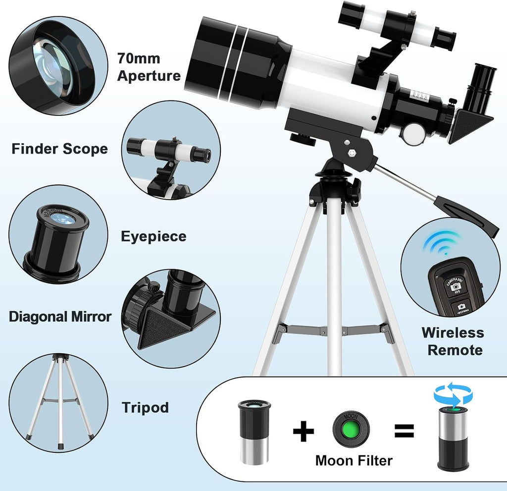 Telescope for Kids, 70MM Aperture Telescopes for Adults (15X-150X) with FMC Optics, 300MM Astronomical Refractor