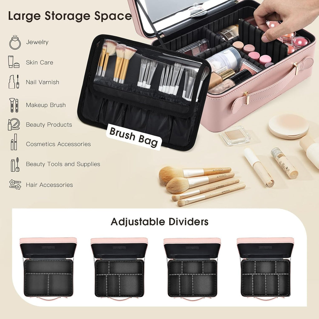 Leather Makeup Case with LED Lighted Mirror 11.4 Inch Travel Makeup Bag Adjustable Brightness in 3 Colors Cosmetic