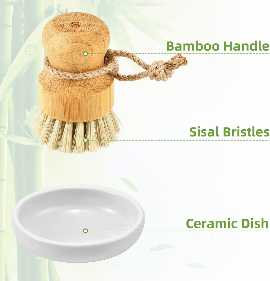 Bamboo Dish Scrub Brushes,Kitchen Wooden Cleaning Scrubbers Set for Washing Cast Iron Pan/Pot, Natural Sisal