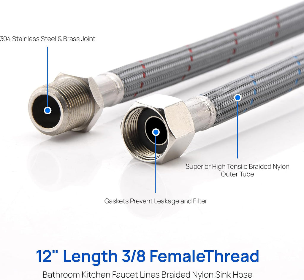 Faucet Supply Lines Length 12" 3/8 OD Comp (Male) x 3/8 Comp (Female) | Thread Connector Braided Nylon Extension