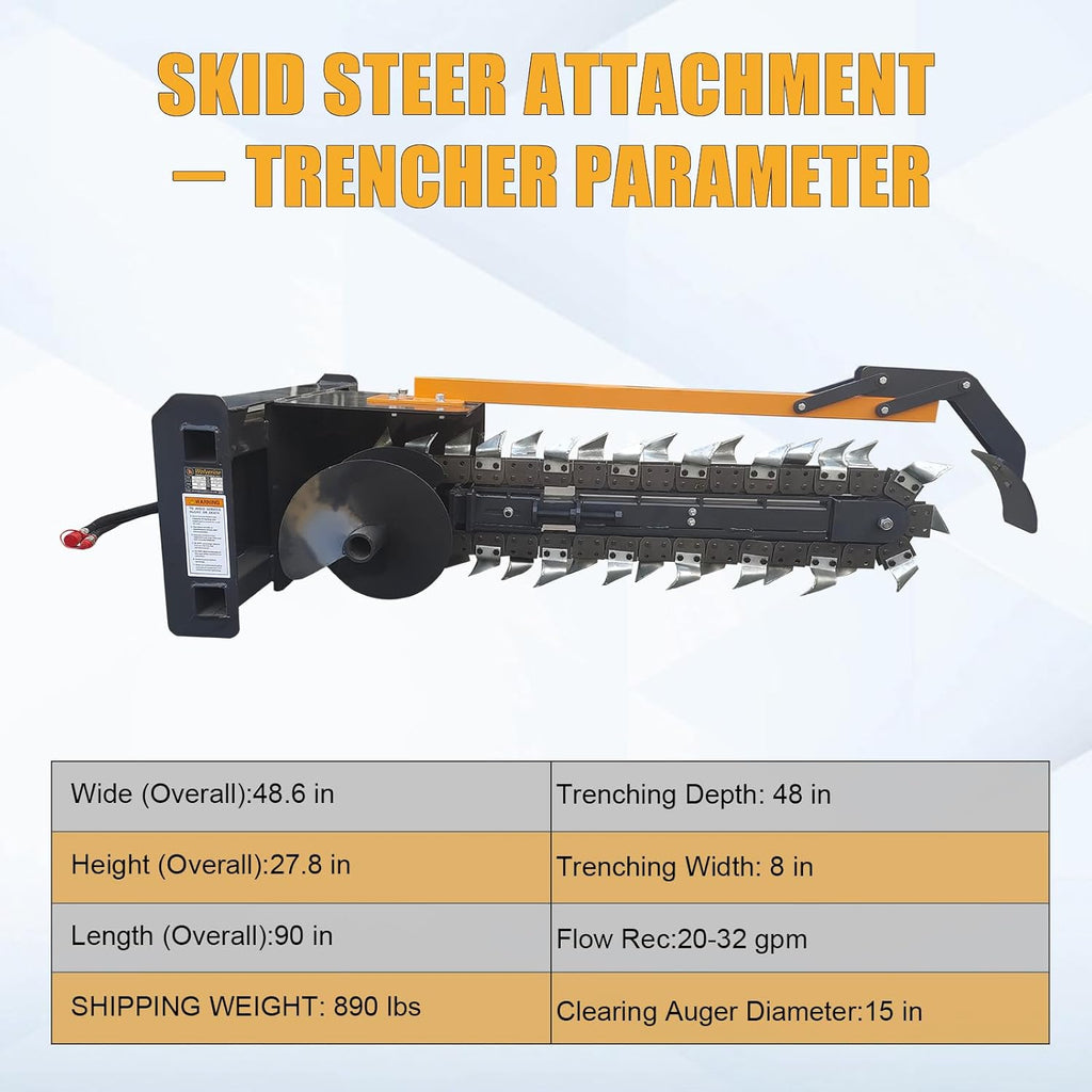 Skid Steer Attachment Trencher/Ditcher - 48"Trenching Depth, 8" Width, 15" Auger, Ideal for Utility & Irrigation