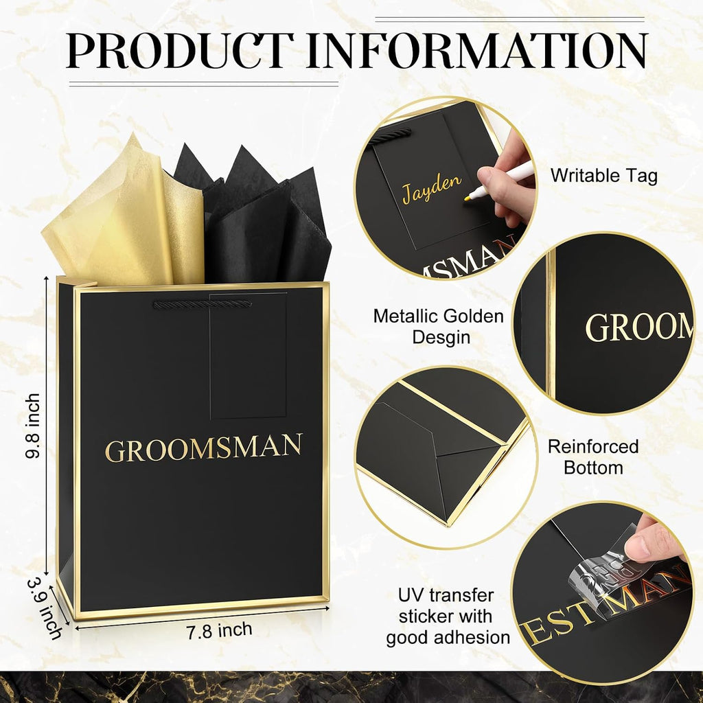 6 Pack Groomsmen Gift Bags with Tissue Paper, Medium, Black Gold