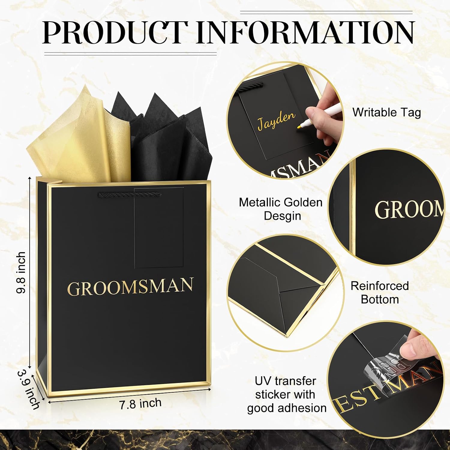 6 Pack Groomsmen Gift Bags with Tissue Paper, Medium, Black Gold