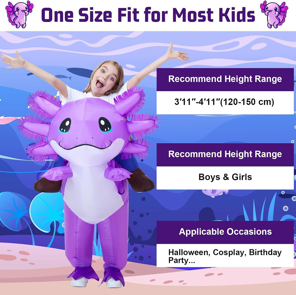 Kids Inflatable Axolotl Costume for Kids Purple Blow Up Ride-On Costumes Halloween Cosplay Outfit for Girls and Boys