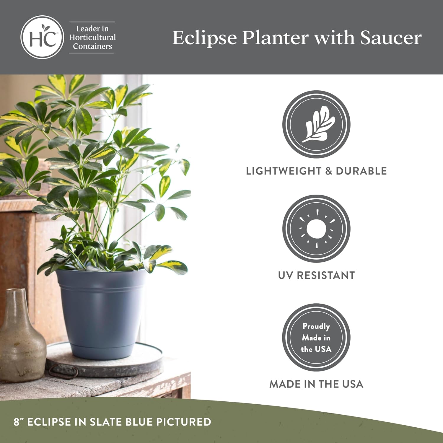 Eclipse Round Planter with Saucer - Outdoor & Indoor Plant Pot with Drainage Holes - Lightweight, UV-Resistant