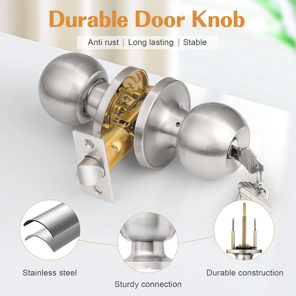 2 Pack Keyed Alike Entry Door Knobs with Lock and Key Ball Door Knob Handles Entrance Door Lockset Brushed Nickel Finish