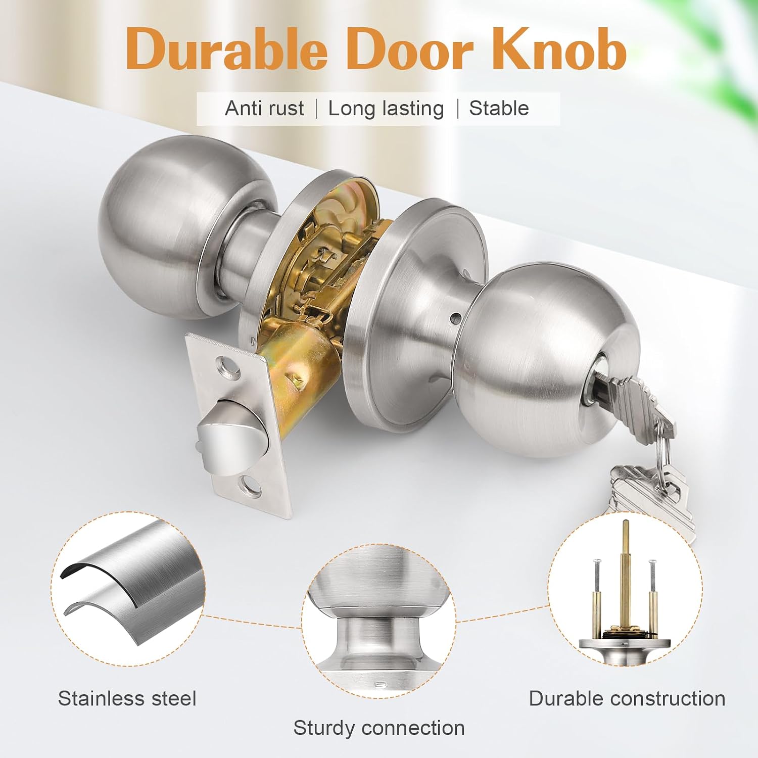 2 Pack Keyed Alike Entry Door Knobs with Lock and Key Ball Door Knob Handles Entrance Door Lockset Brushed Nickel Finish
