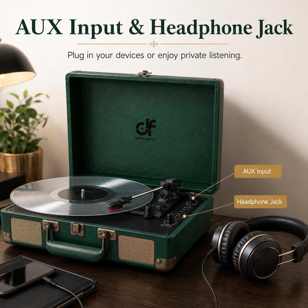 Record Player with Bluetooth Input & USB Recording, Built in Stereo Speakers, Portable Suitcase Vinyl Player 3-Speed