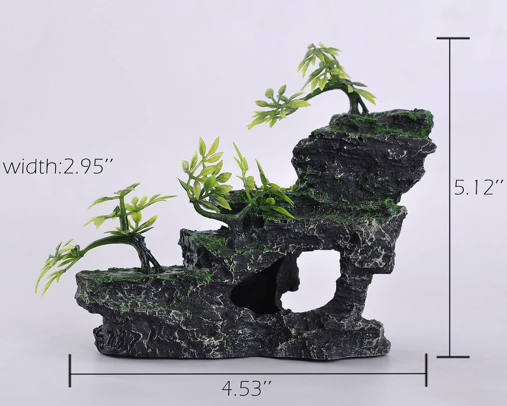 Aquarium Ornament, Mountain View Stone with Moss Tree Rock Cave Landscape Artificial Fish Tank Decoration