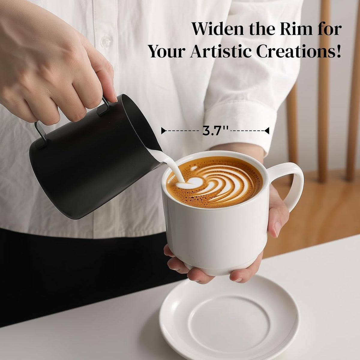 12oz Coffee Mugs, Cappuccino Cup and Saucer Set of 4, White Ceramic Coffee Cups for Latte/Tea/Milk, Tea Cups for Use