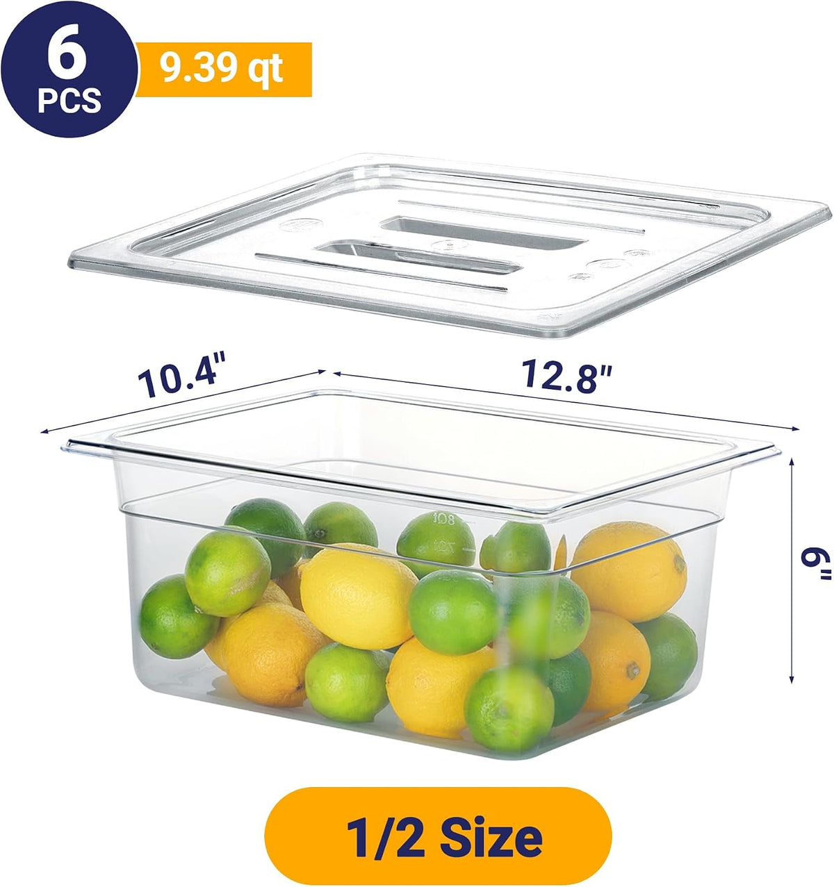 6 Pack 1/2 Size 6" Deep NSF Polycarbonate Food Pans with Lids