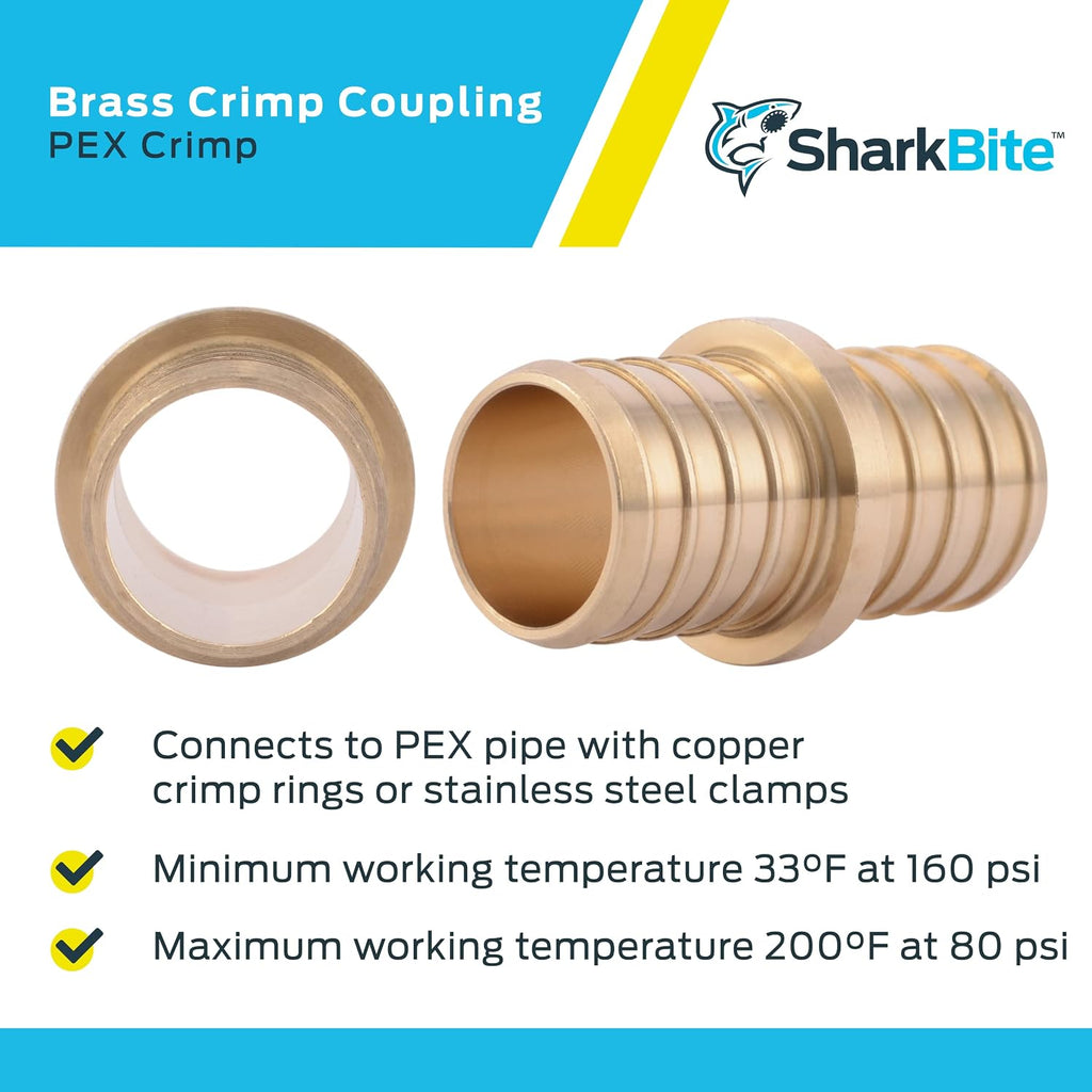 SharkBite 1 Inch Crimp Coupling, Brass Plumbing Fitting, PEX Pipe, PE-RT, UC020LFA
