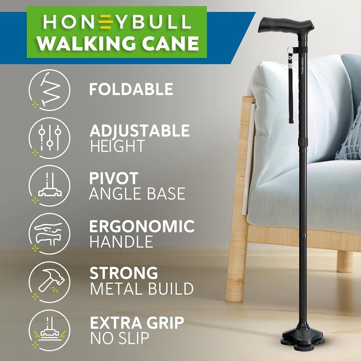Walking Cane for Men & Women Foldable, Adjustable, Heavy Duty, Free Standing, All Terrain, Collapsible Walking Sticks