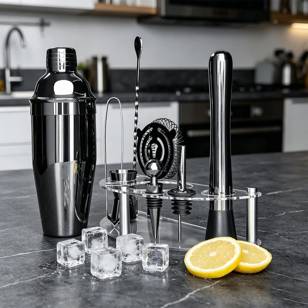 9-Piece Cocktail Shaker with Stand, 25oz Bartender Kit, Cocktail Shaker with Strainer Set, Bar Set Jigger for