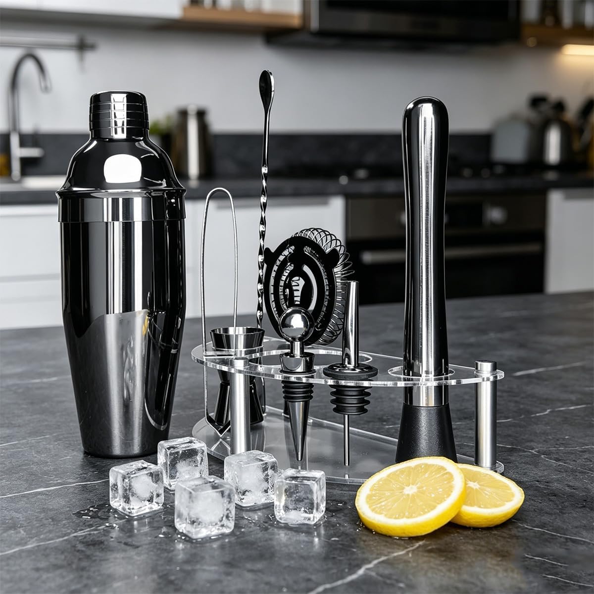 9-Piece Cocktail Shaker with Stand, 25oz Bartender Kit, Cocktail Shaker with Strainer Set, Bar Set Jigger for