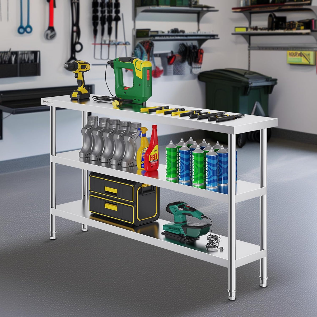 Stainless Steel Food Prep Table, 14 x 60 x 34 Inch Commercial Kitchen Worktable, with 2 Adjustable Undershelf, Heavy