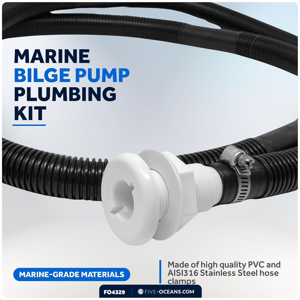 Five Oceans 3/4" Hose Bilge Pump Plumbing Kit, 7-Feet Kink-free Flexible PVC, 2 Stainless Steel Hose Clamps and Tru-Hull Fitting - FO4329
