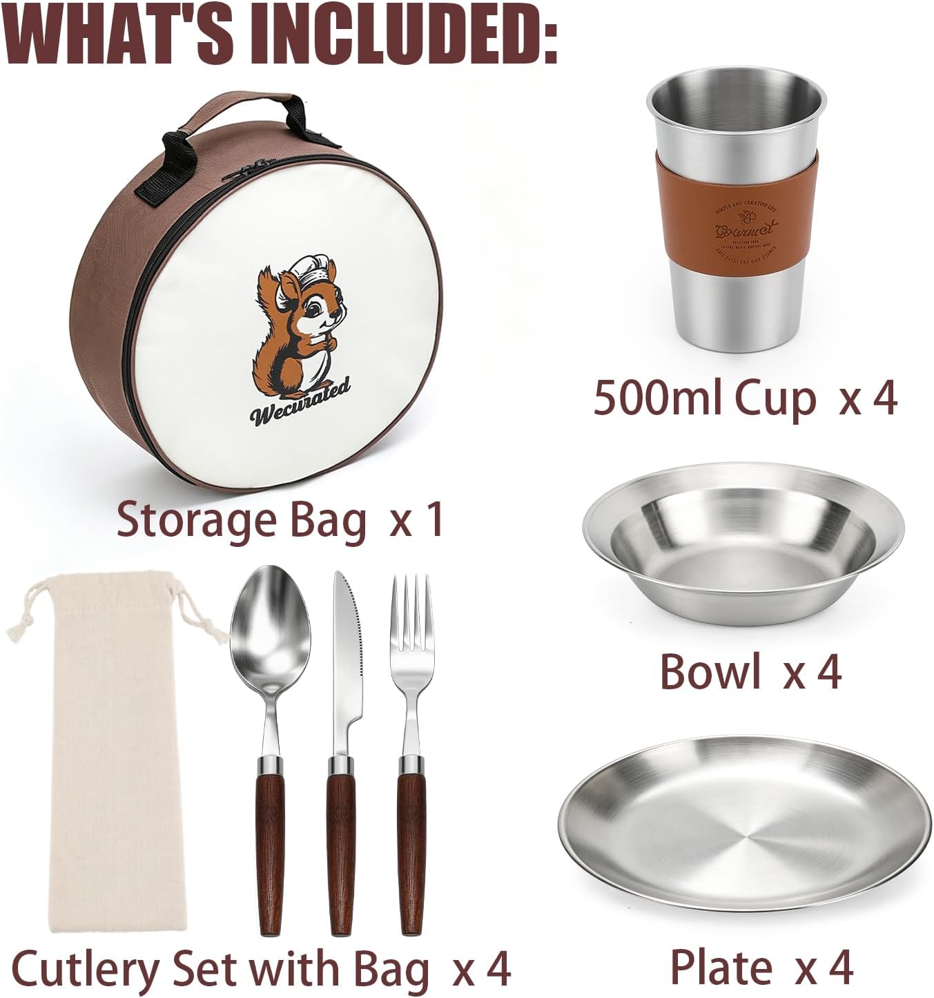Camping Mess Kit, Stainless Steel Stylish Set | Bowls Plates Cups Forks Spoons and Knives, Camping Dishes Cutlery Set