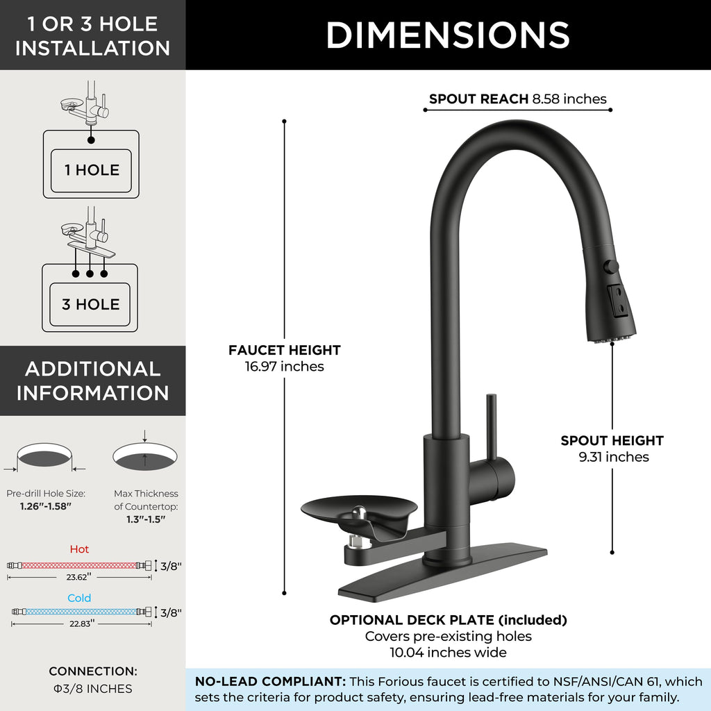 Black Kitchen Faucet with Cup Washer, Pull Down Sprayer, High Arc