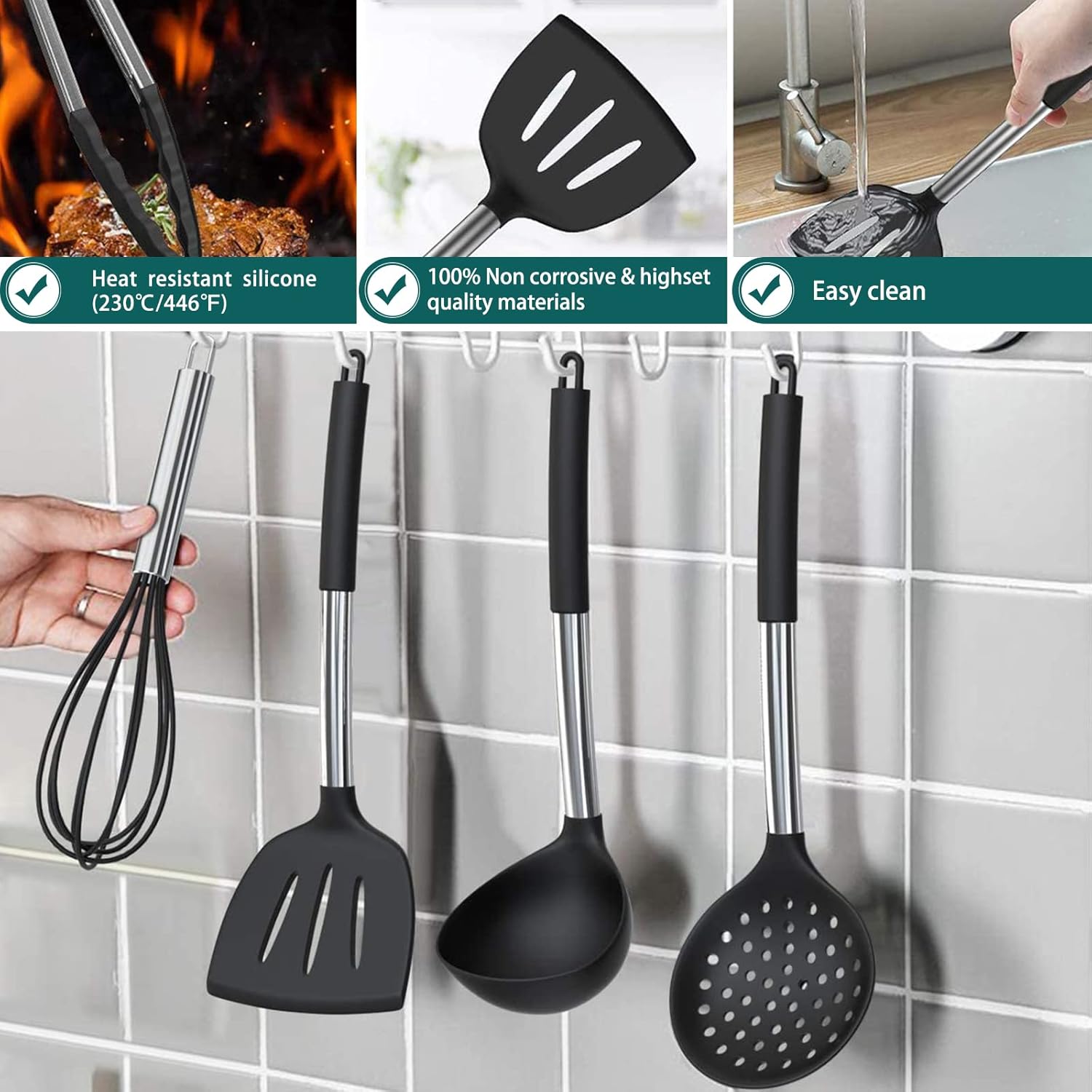 Stainless Steel Kitchen Cooking Utensil Set, Umite Chef 15 pcs Cooking Utensils - Nonstick Kitchen Utensils Cookware