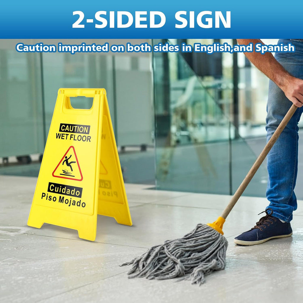 8-Pack Caution Wet Floor Sign,17.5" Height,Bright Yellow Double-Sided Folding A-Shaped Frame Design, Bilingual