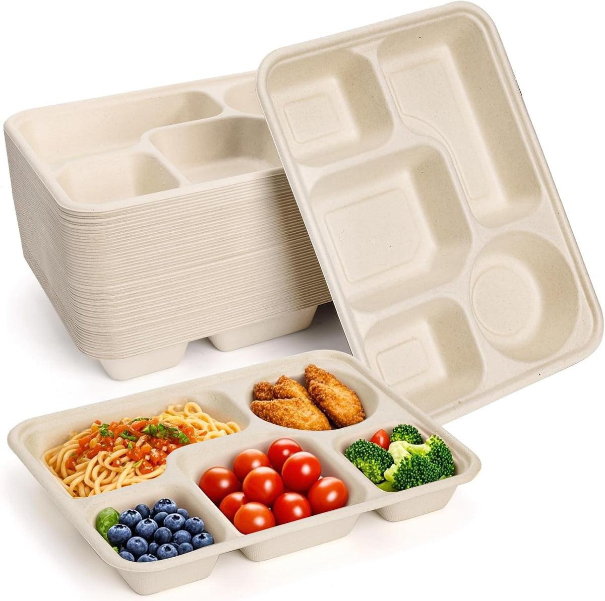50 Pack 5 Compartment Paper Plates Disposable, 11" x 8" Compostable Bagasse Plate School Lunch Trays, Biodegradable