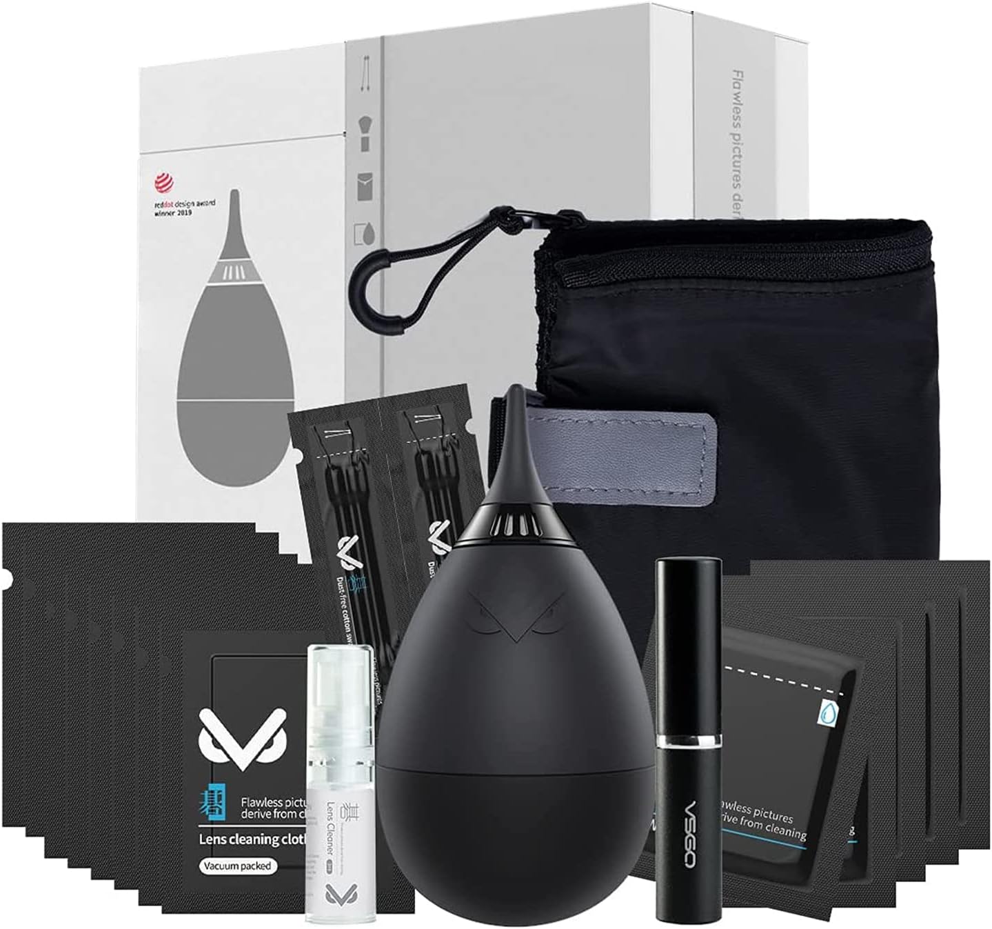 Professional Lens Cleaning Kit with Air Blower Folding Pouch Microfiber Lens Cloth Wet Wipes Lens Cleaner Metal Brush