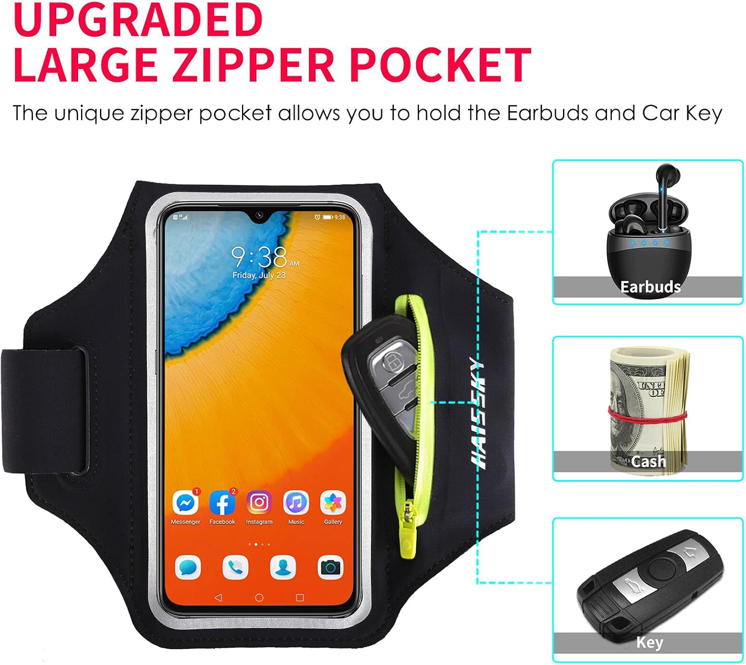 Running Armband with Earphone Pouch Fits Phones up to 6.9" | Cell Phone Armband for iPhone, Water Resistant &