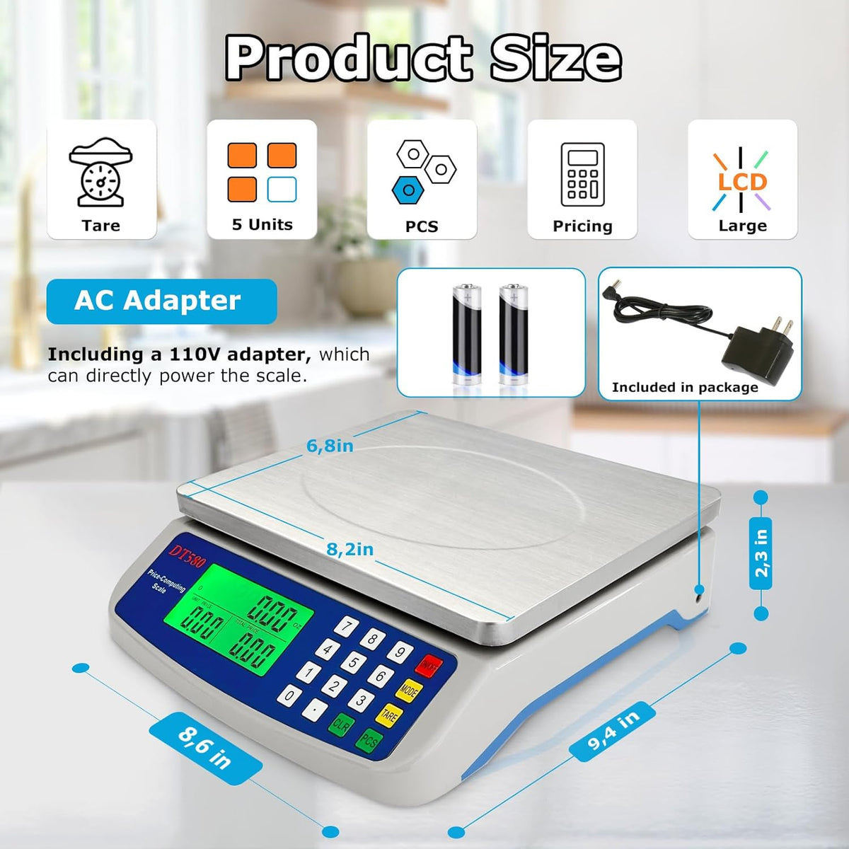 Large Digital Kitchen Scale 40kg/88lb Stainless Steel Price Computing Scale Counting Scale Deli Scale with LCD