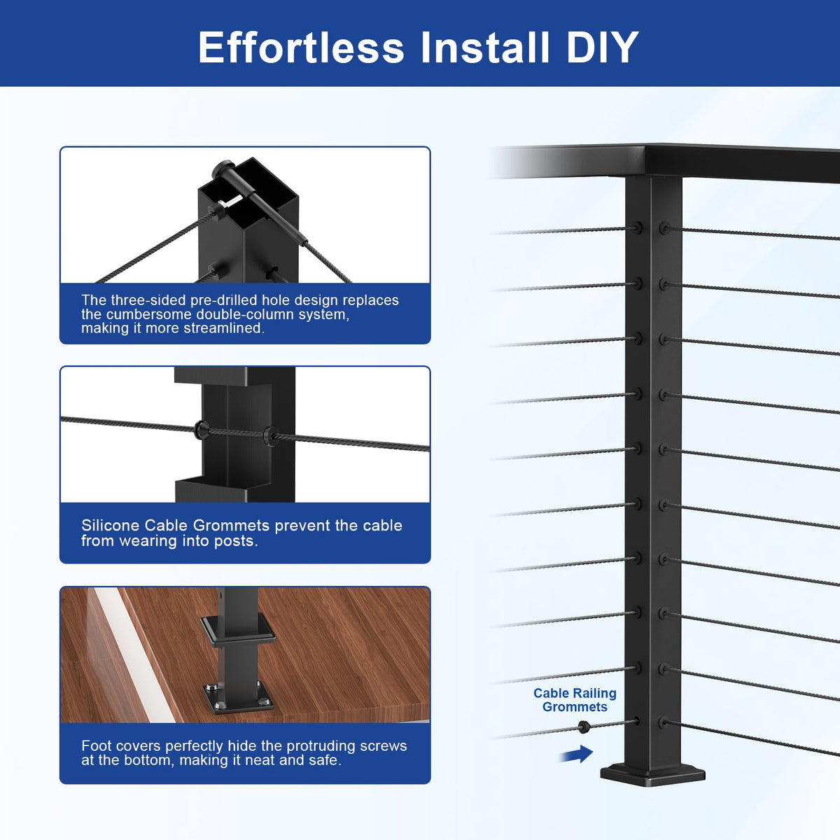 2Pack 36" Black Cable Railing Corner Post, 3-Side Drilled Corner Post