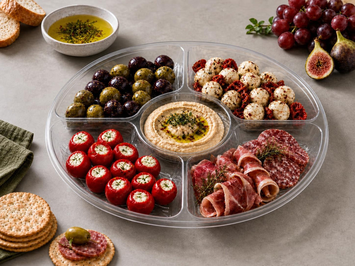 5 Sectional Round Plastic Heavy duty Serving Tray/Platters Clear Pack of 2