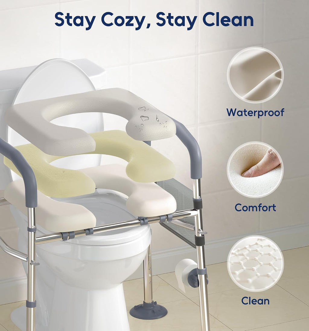 Raised Toilet Seat with Handles, Width & Height Adjustable Toilet Seat Risers for Seniors, Heavy Duty 400lbs Elevated