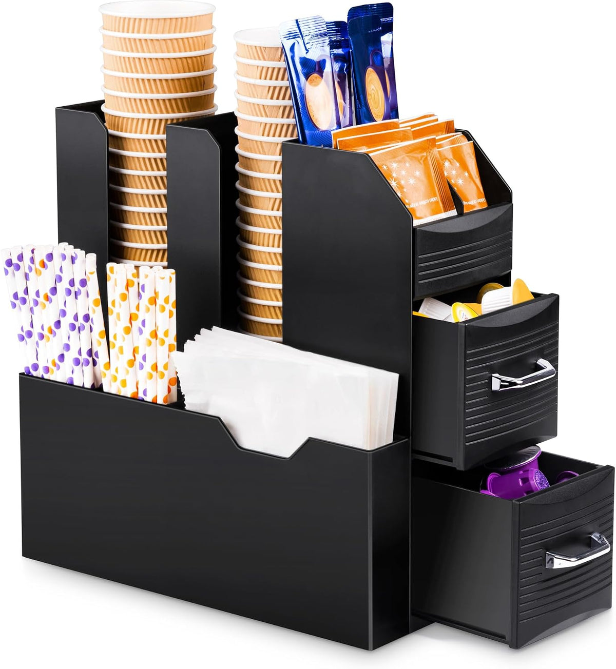 Coffee Condiment Organizer 11-Compartment Countertop 2-Drawer Black