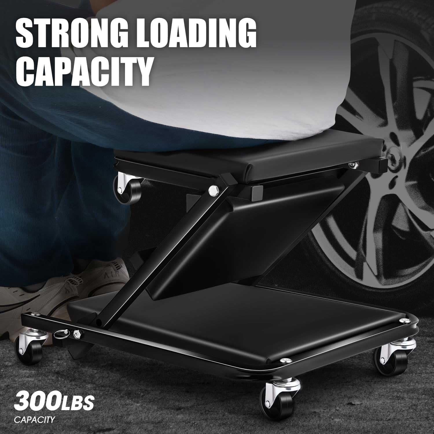 Mechanic Creeper, 36" Z Creeper Seat 300 lbs Capacity Garage Chair, Adjustable 2-in-1 Rolling Folding Creepers with 6