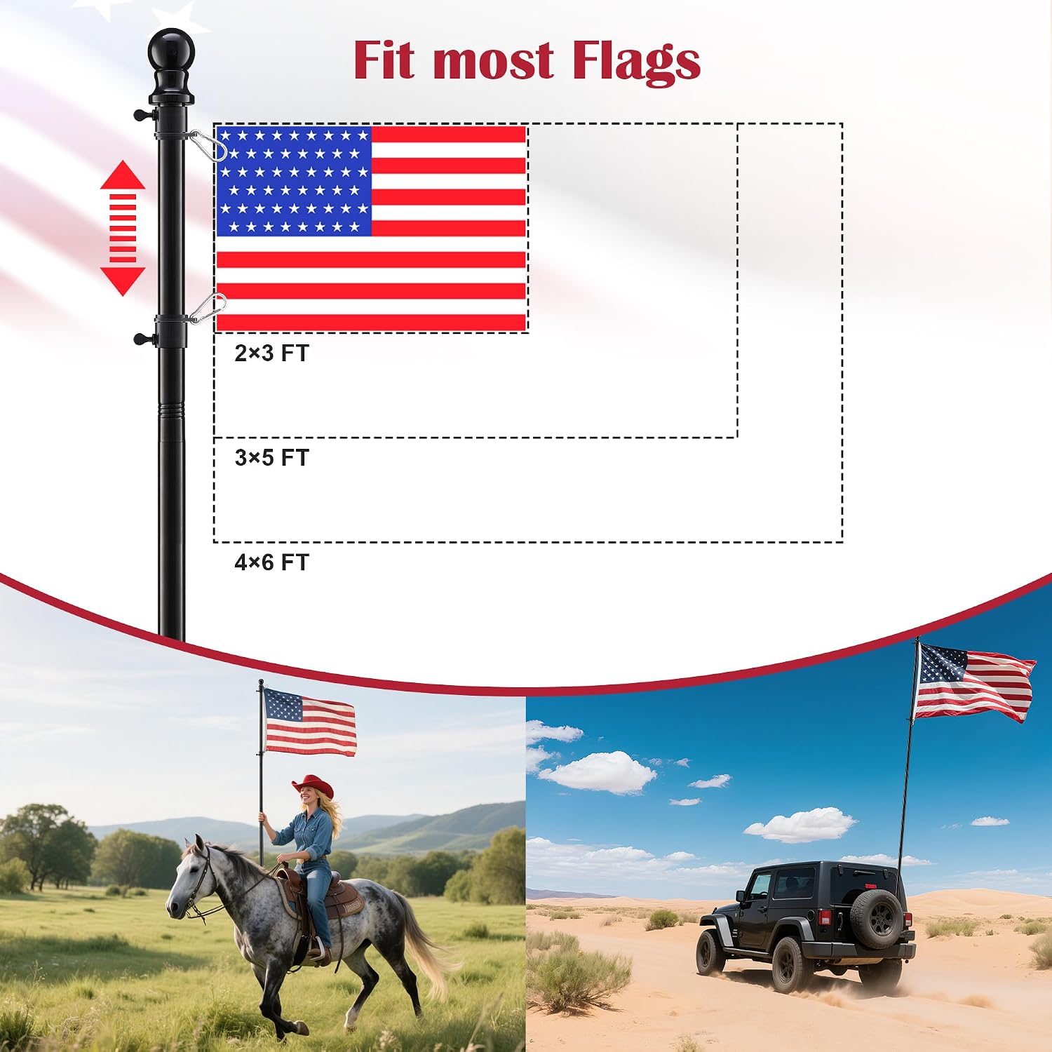 Flag Pole for Outside House, Black Garden Flag Pole with Flag Pole Rings, Heavy Duty Metal Indoor Outdoor House Yard