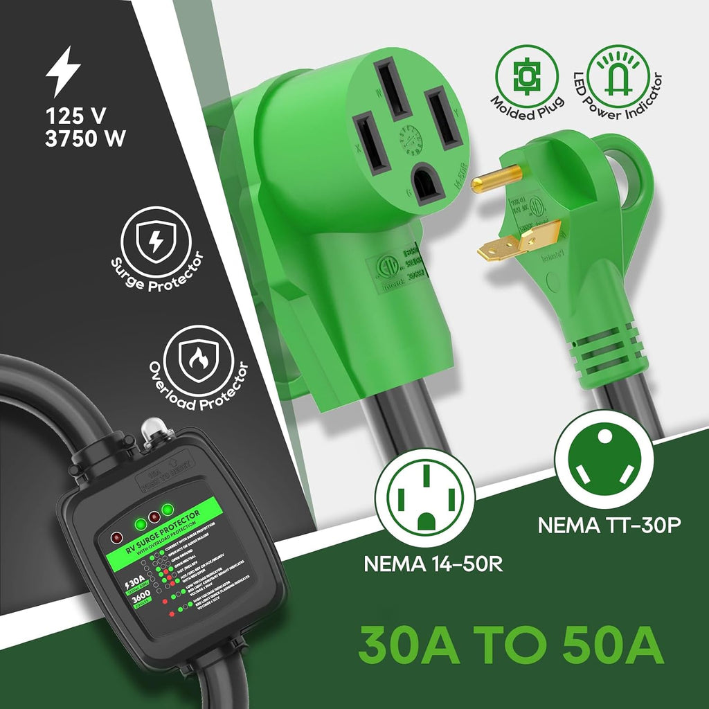Surge Protector 30 Amp to 50 Amp RV Adapter Cord | NEMA TT-30P to NEMA 14-50R Eletrical Power Adapter with Overload