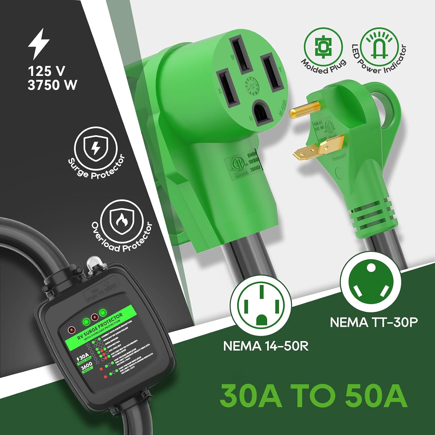 Surge Protector 30 Amp to 50 Amp RV Adapter Cord | NEMA TT-30P to NEMA 14-50R Eletrical Power Adapter with Overload
