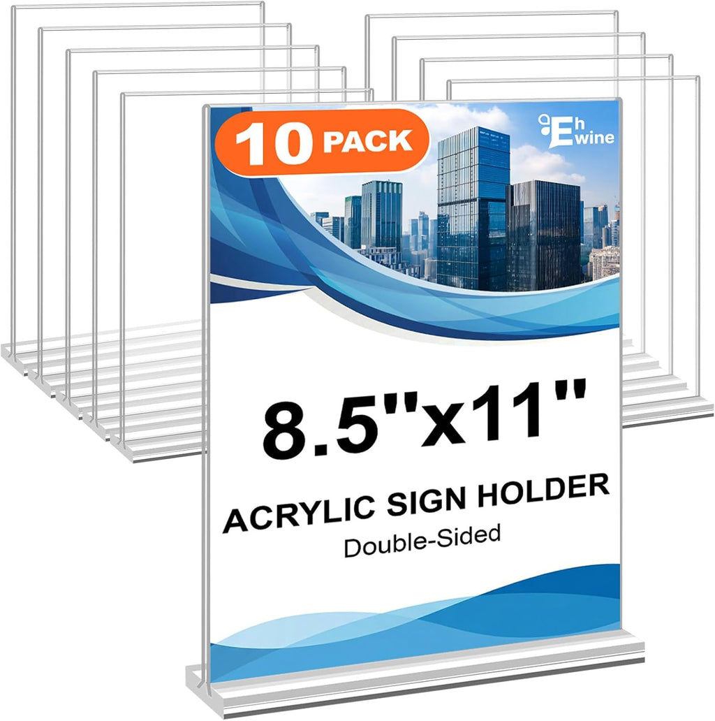 Acrylic Sign Holder 8.5 x 11, 10 Pack Double-Sided Stand up Table Top Sign Holders, Clear Acrylic Picture Frame Menu