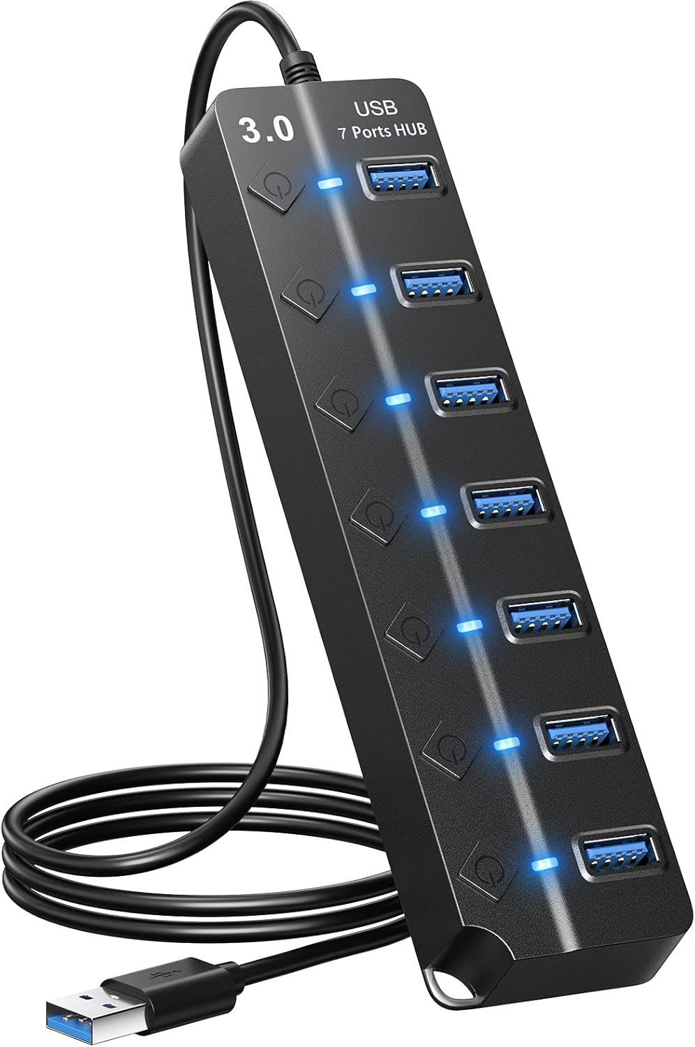 USB Hub 3.0, 7-Port USB A Splitter with Individual On/Off Switches and Lights, 3.2ft/1m Long Cable, Extender for A