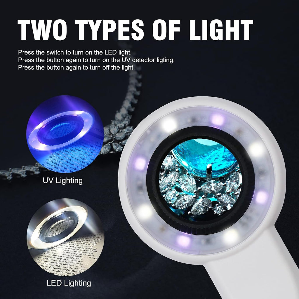 60X Handheld Magnifier with UV&LED Lights Jeweler Loups Magnifying Glass with 30mm Optical Lens, Touch Button