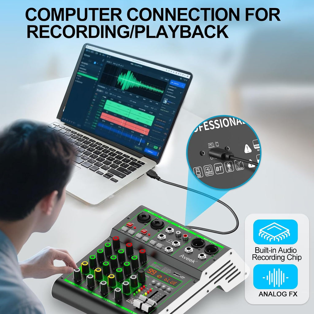 Audio Mixer, 4 Channel Mixer with Bluetooth and USB Recording | DJ Mixing Console with 99 DSP Effects, 48V Phantom