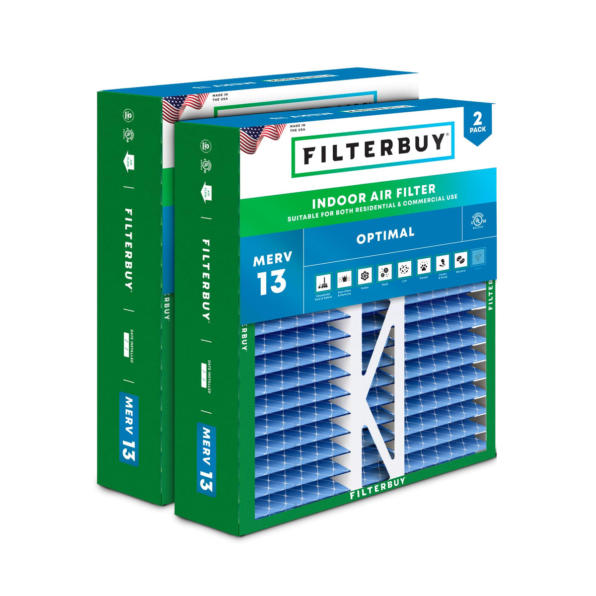 16x22x5 Air Filter MERV 13 Smoke & Allergy Defense (2-Pack)