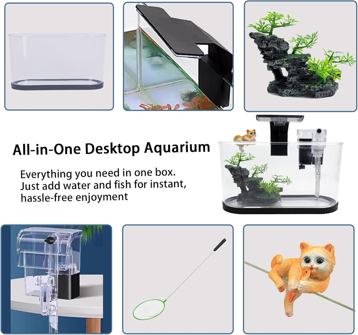 2 Gallon Fish Tank Kit, Small Aquarium Starter Tank with Filter and Light