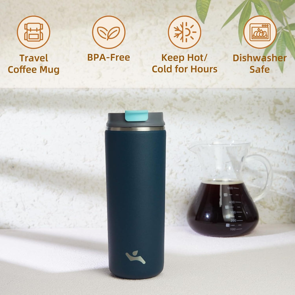 16oz Travel Coffee Mug with Lid, Insulated Stainless Tumbler | Navy Blue; BPA-free, leak-proof travel mug for hot