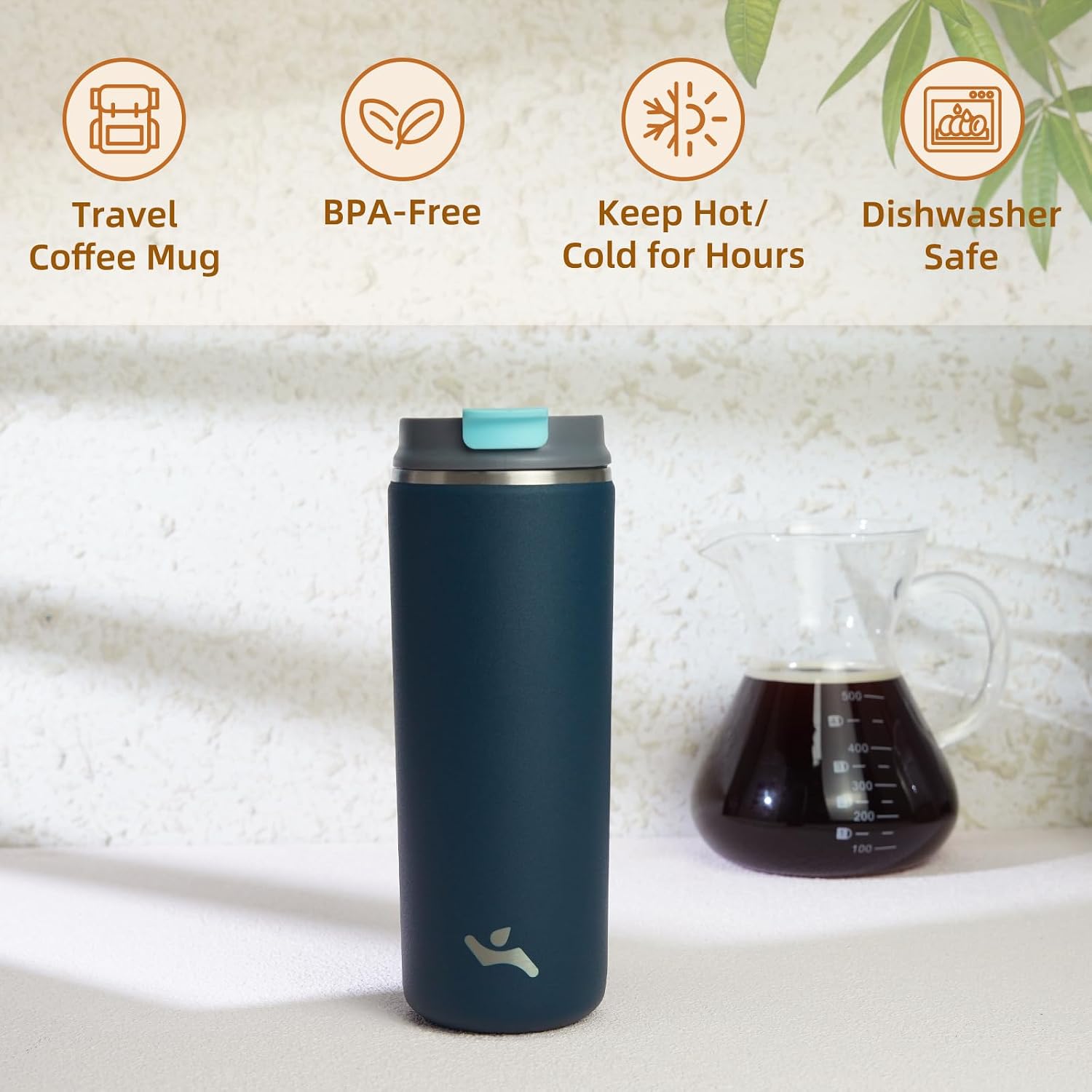 16oz Travel Coffee Mug with Lid, Insulated Stainless Tumbler | Navy Blue; BPA-free, leak-proof travel mug for hot