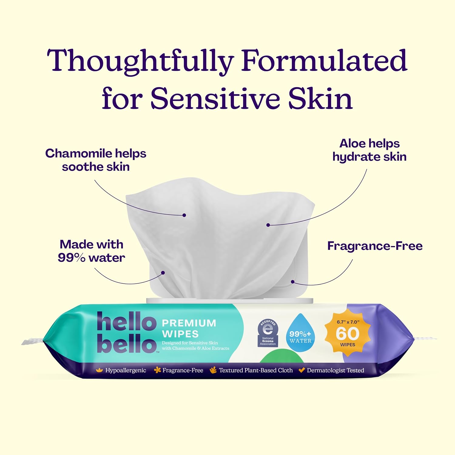 Premium Fragrance-Free Baby Wipes, with Chamomile & Aloe Extracts for Sensitive Skin - 12 Resealable Packs = 720