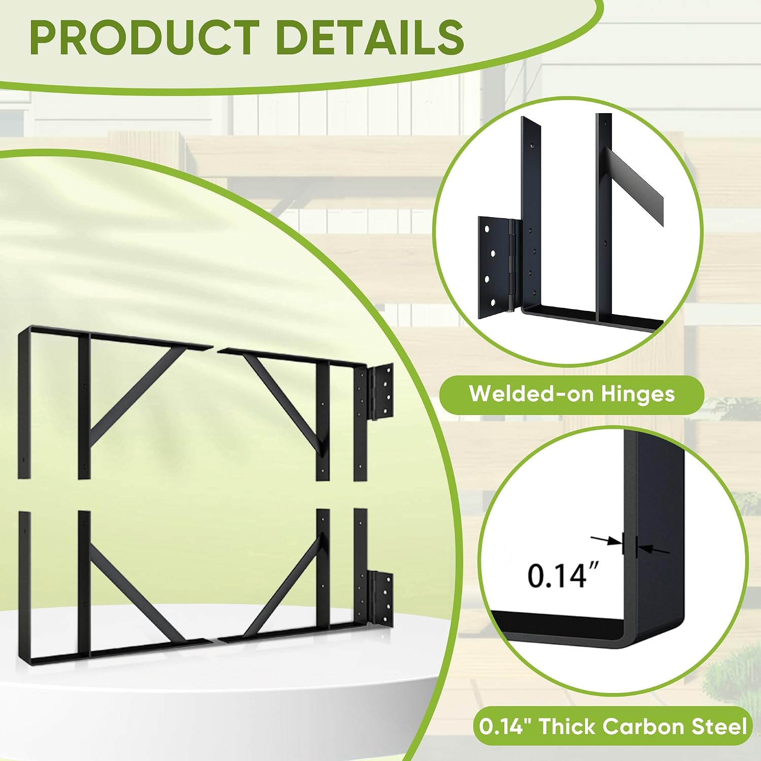Heavy Duty Anti-Sag Gate Hardware Kit - Steel Brackets with Welded Hinges for Wooden Fence, Driveway, Corral Gates
